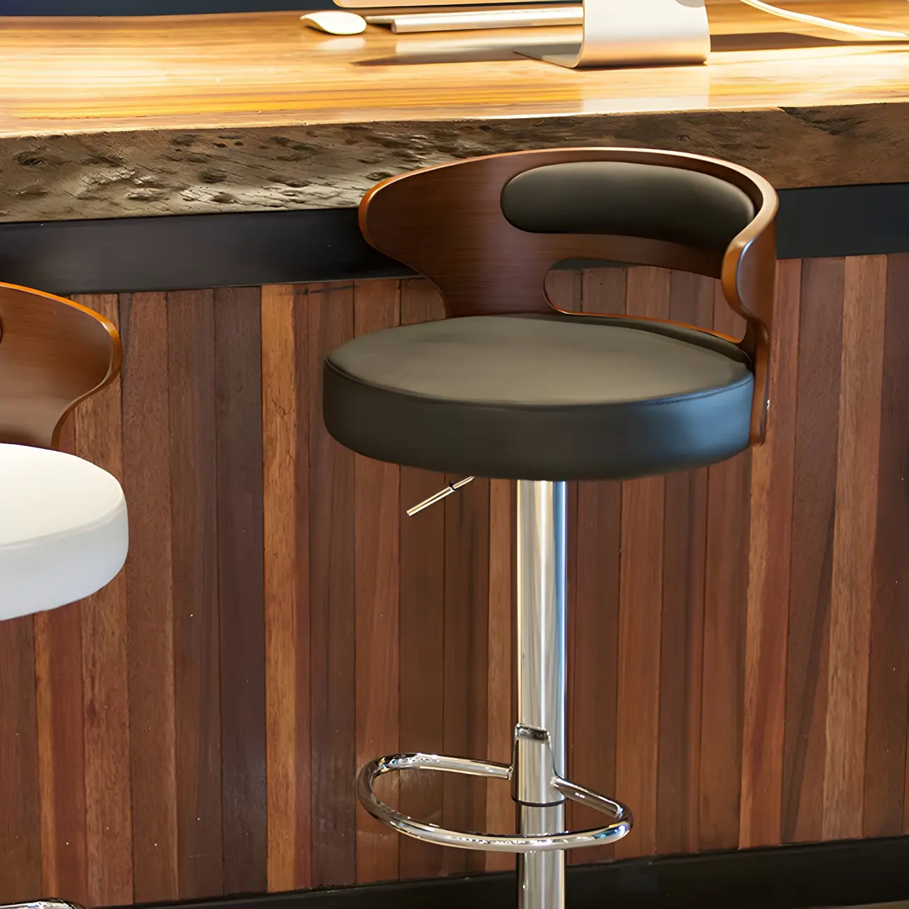 Elegant Brown Wood White Leather Swivel Adjustable Bar Stool Image - 6 | homeyfad