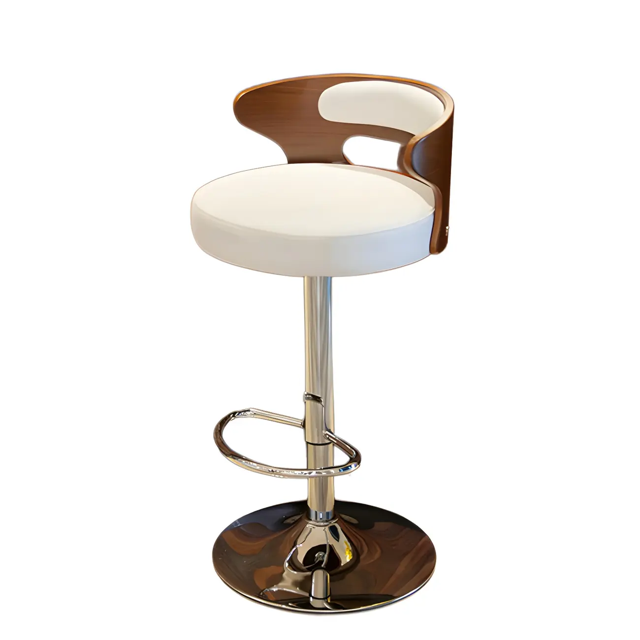 Elegant Brown Wood White Leather Swivel Adjustable Bar Stool Image - 16 | homeyfad