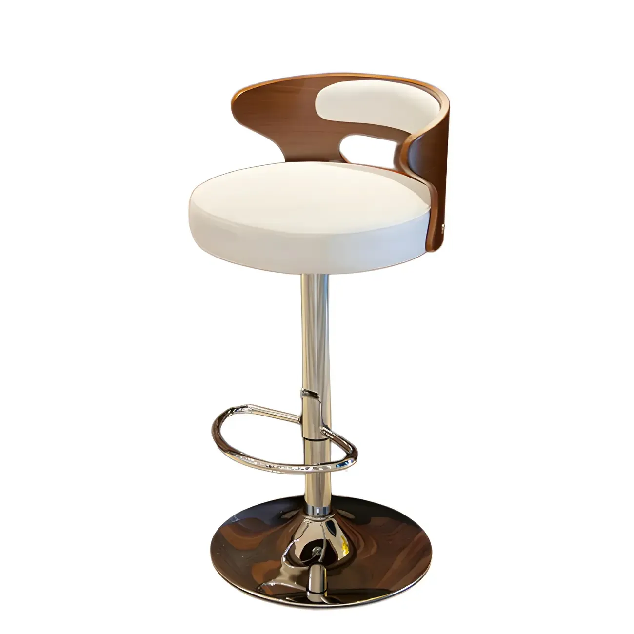 Elegant Brown Wood White Leather Swivel Adjustable Bar Stool Image - 16
