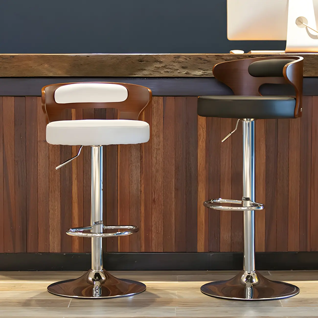 Elegant Brown Wood White Leather Swivel Adjustable Bar Stool Image - 8 | homeyfad