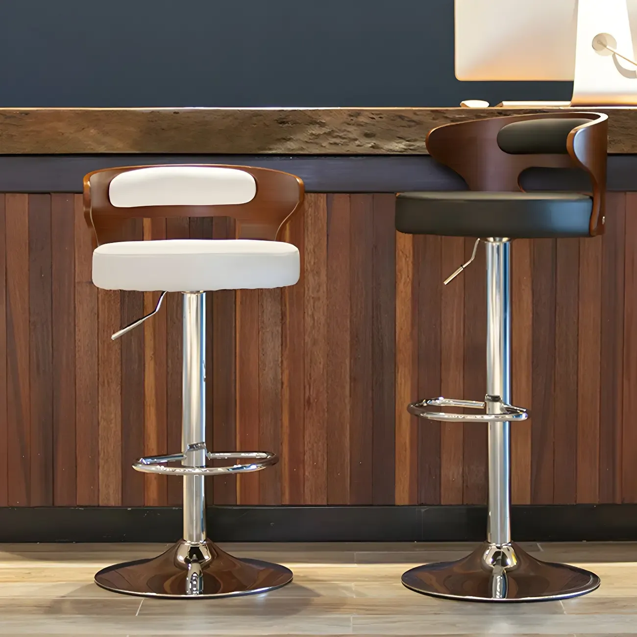 Elegant Brown Wood White Leather Swivel Adjustable Bar Stool Image - 8