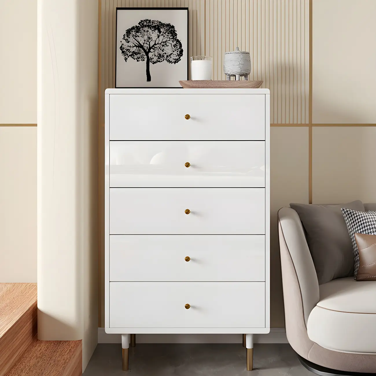 Modern Wooden White Dresser with Gold Handles for Bedroom Image - 2 | homeyfad