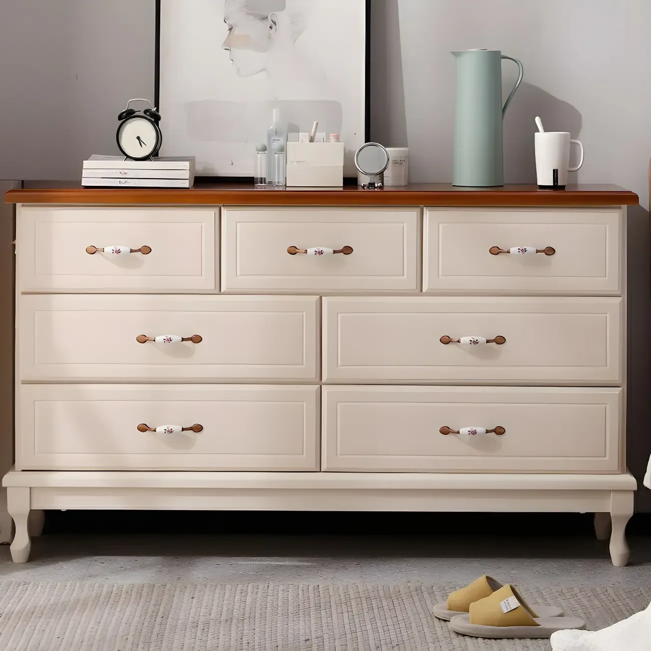 Contemporary White-Brown Wooden Double Dresser with Drawers Image - 5
