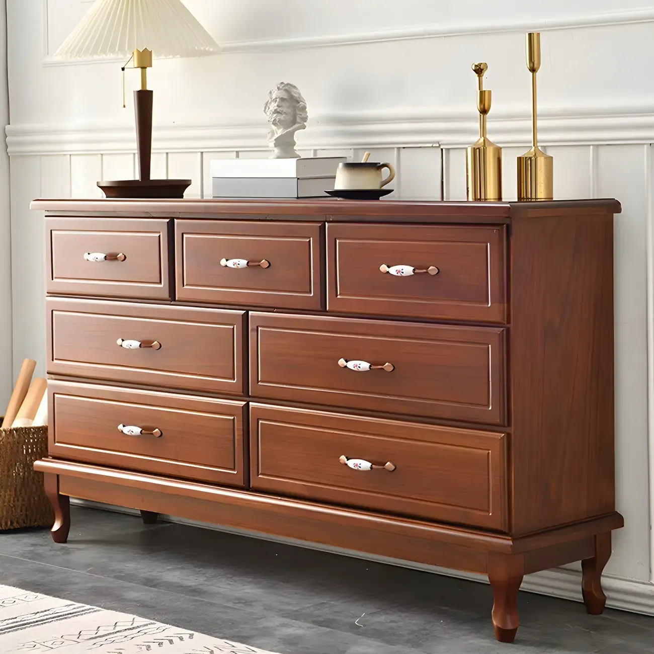 Contemporary White-Brown Wooden Double Dresser with Drawers Image - 7