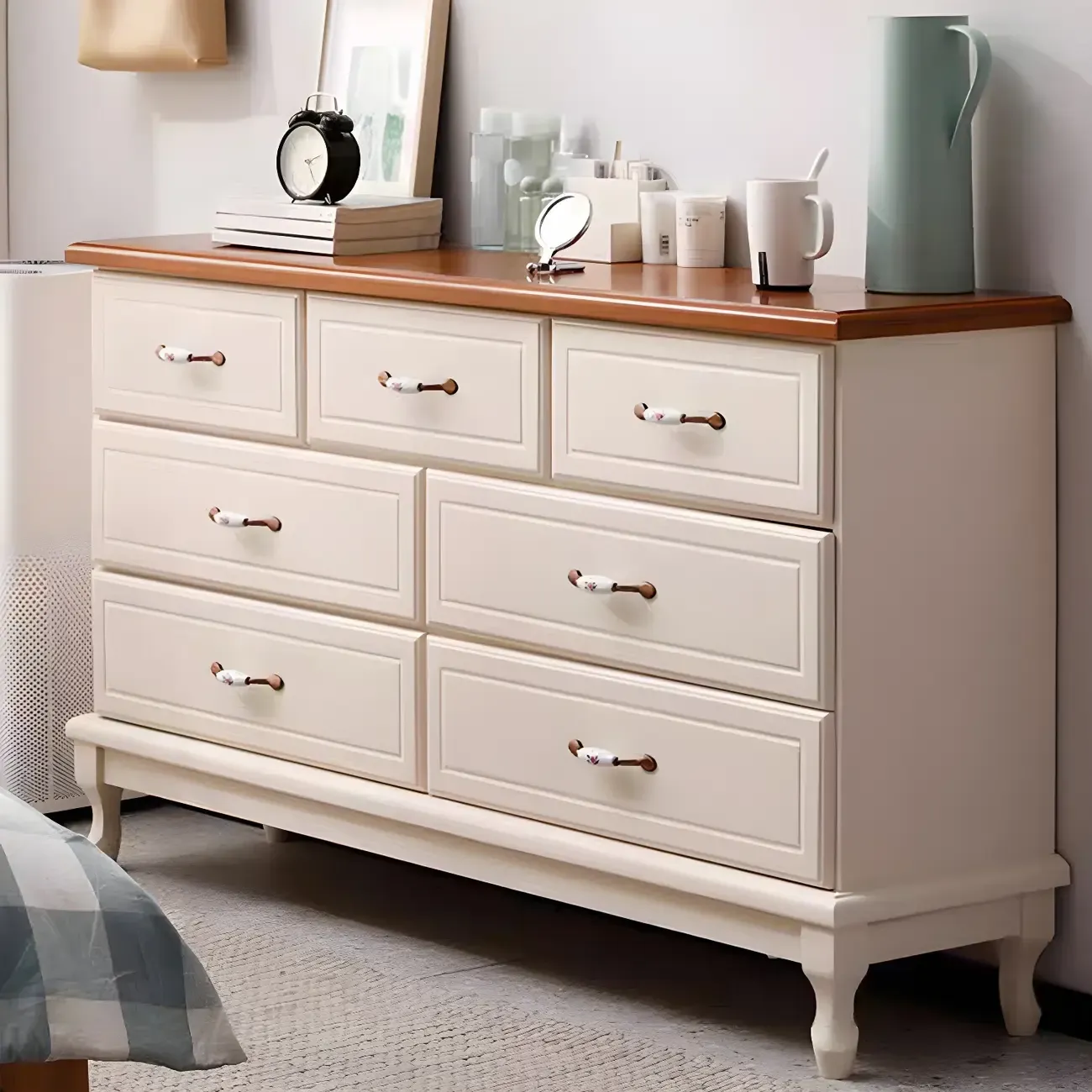 Contemporary White-Brown Wooden Double Dresser with Drawers Image - 9