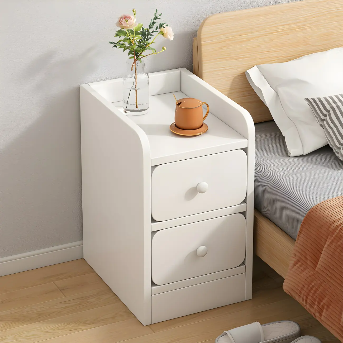 Narrow Square Wooden White 3 Drawers Bedside Table Image - 2 | homeyfad