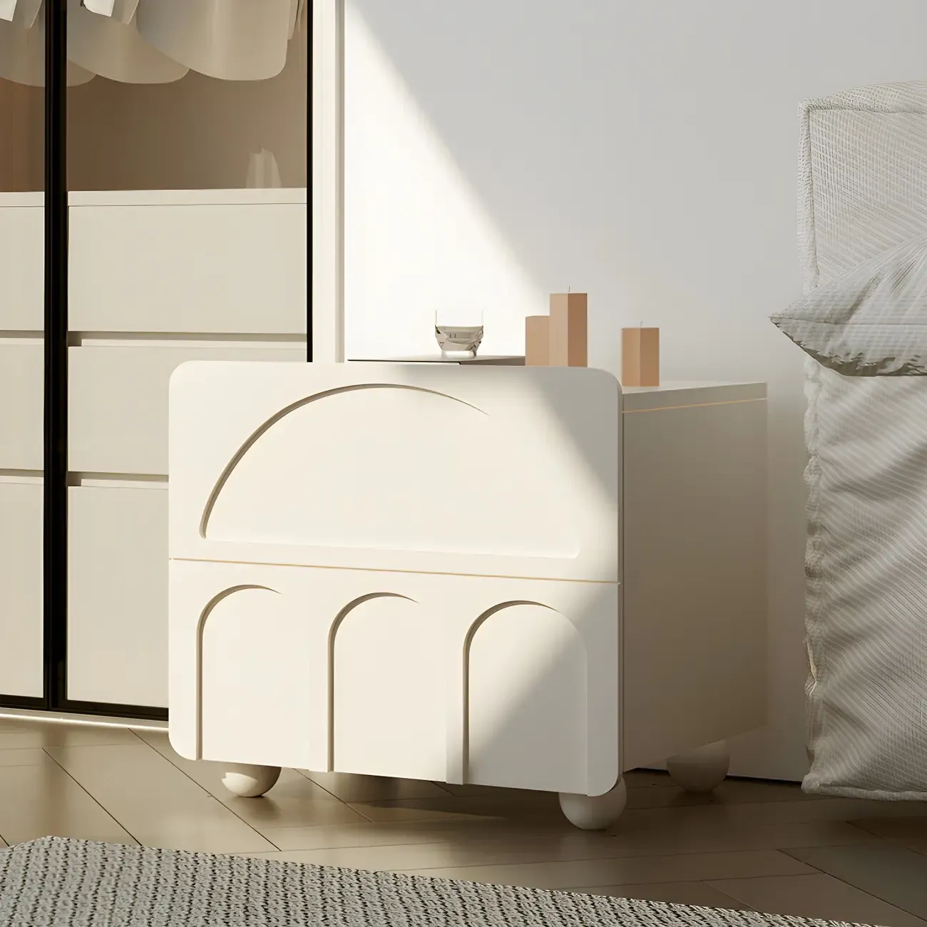 White Modern 2 Drawers Solid Wood Small Nightstand Image - 2