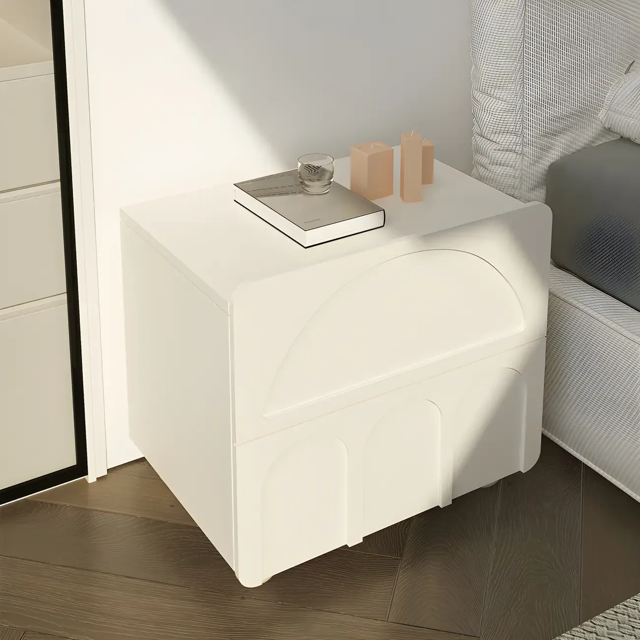 White Modern 2 Drawers Solid Wood Small Nightstand Image - 7