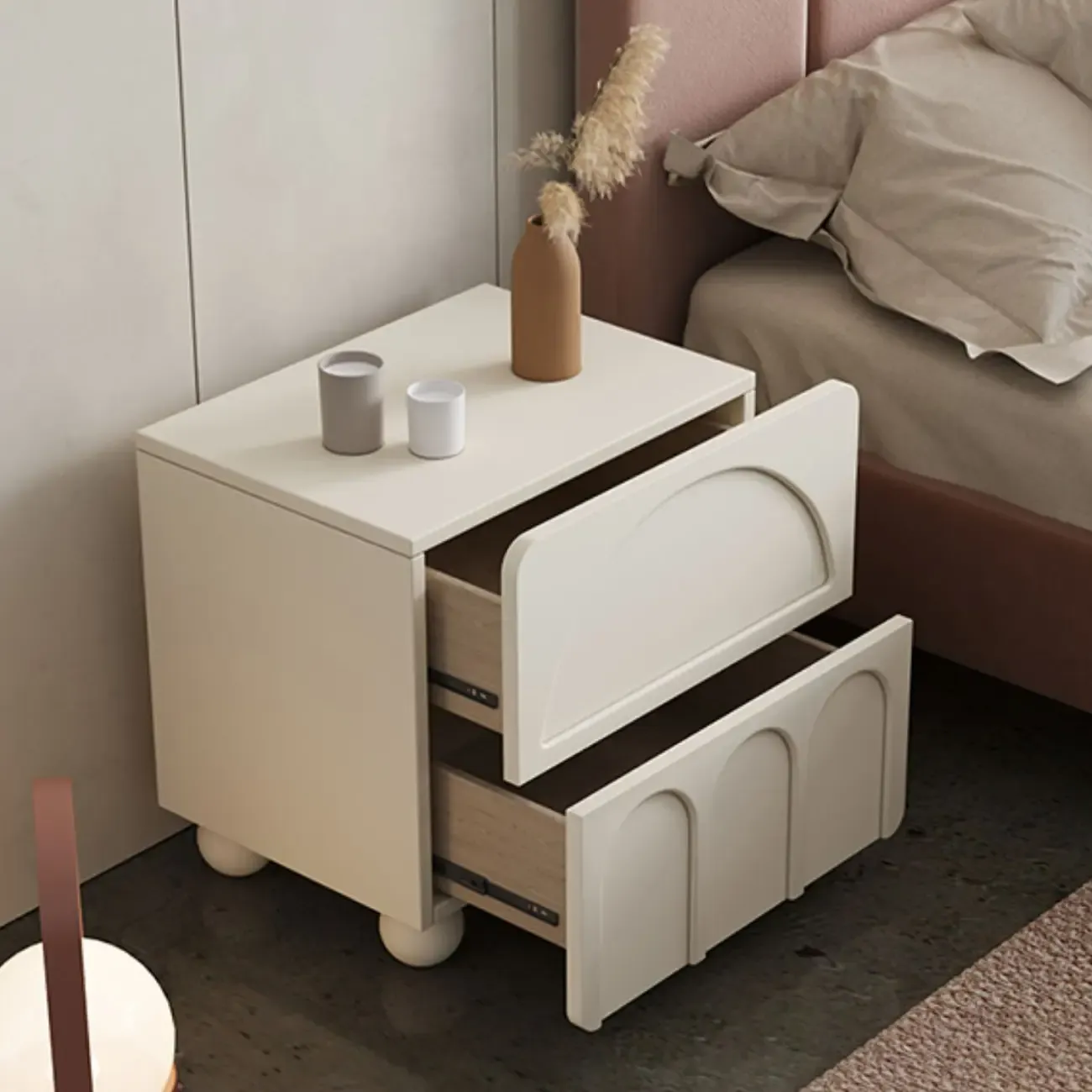 White Modern 2 Drawers Solid Wood Small Nightstand Image - 4