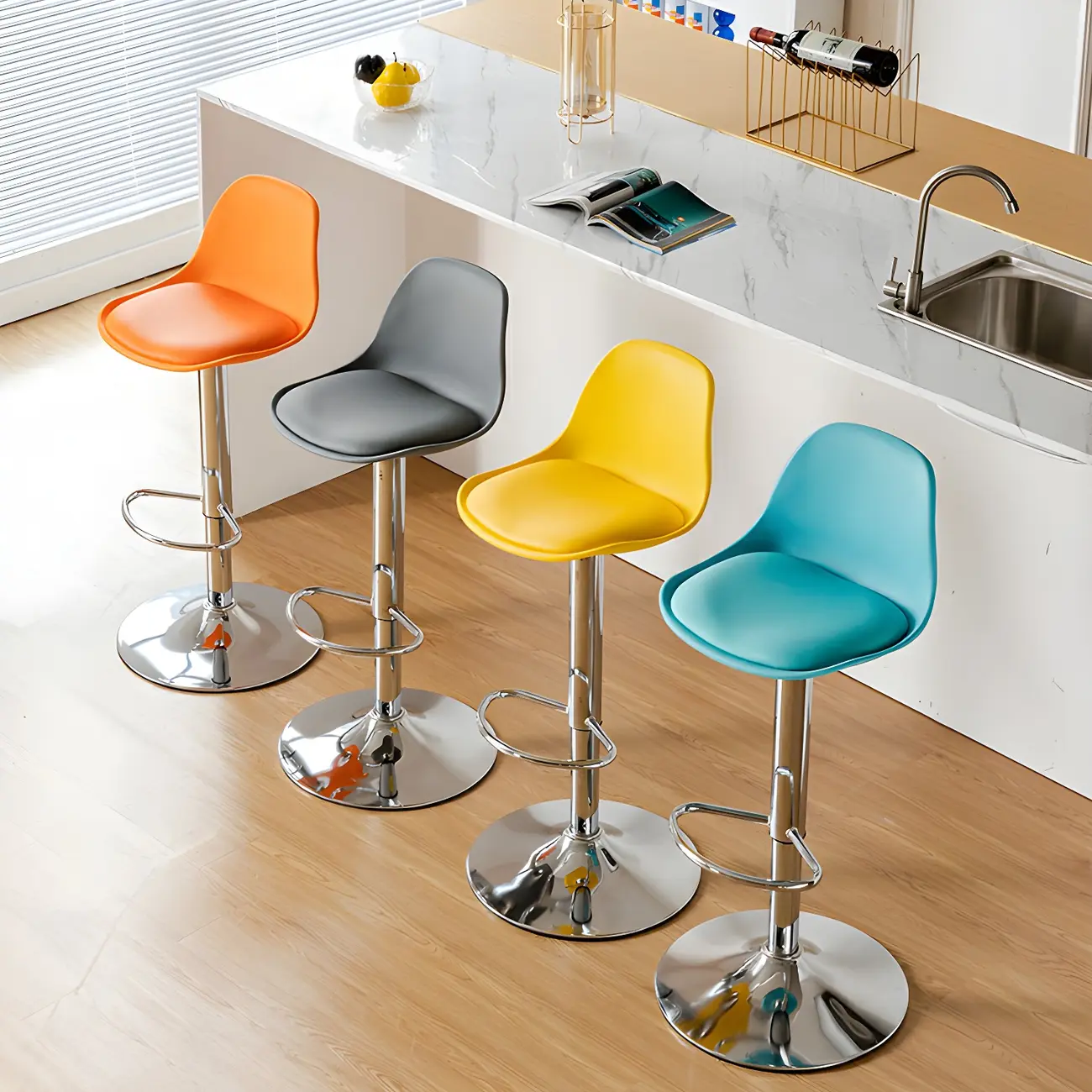 Modern Colorful Adjustable Chrome Swivel Cushion Bar Stool Image - 1 | homeyfad
