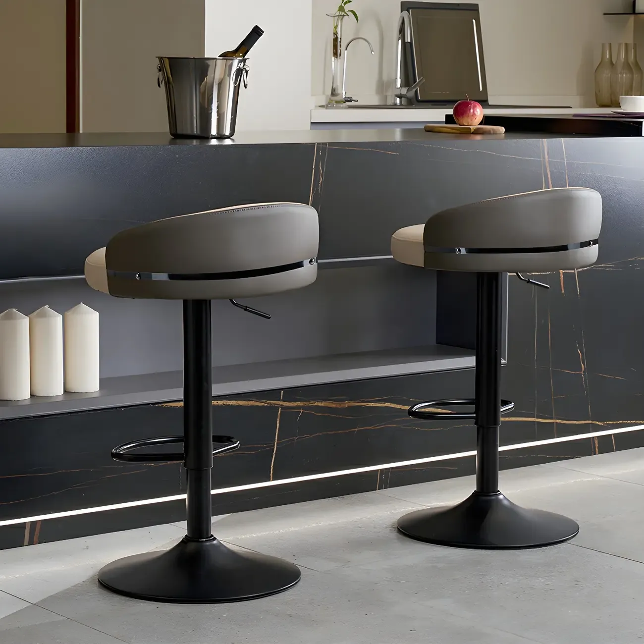 Modern Upholstered Adjustable Bar Stools with Swivel for Kitchen Image - 2