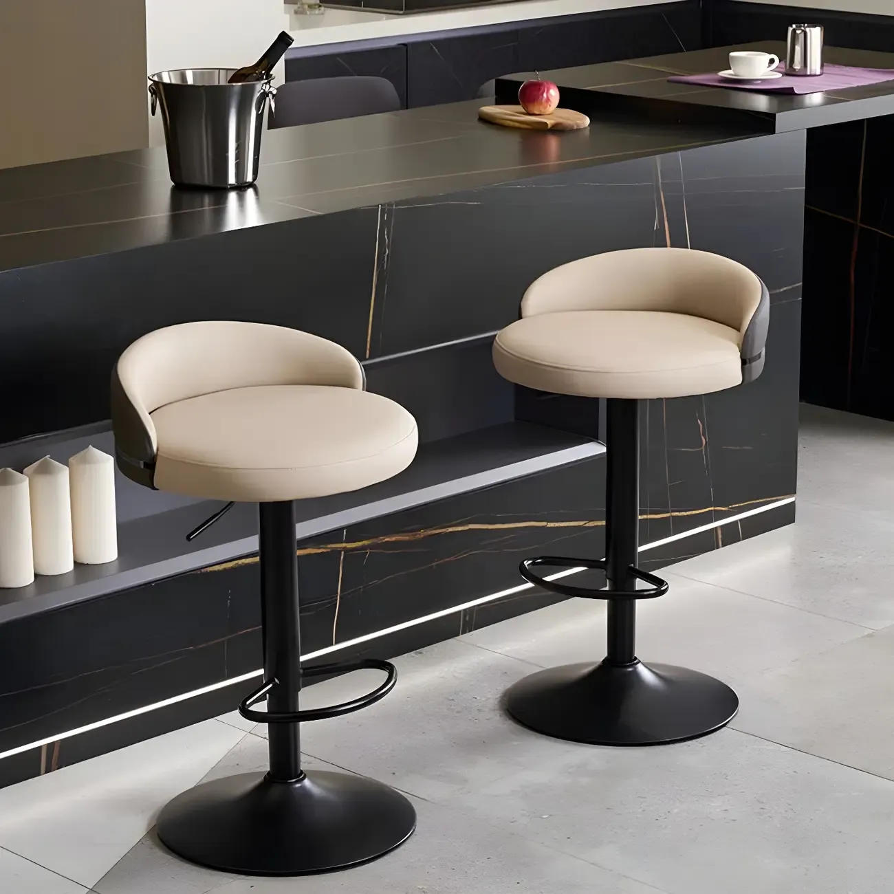 Modern Upholstered Adjustable Bar Stools with Swivel for Kitchen Image - 4