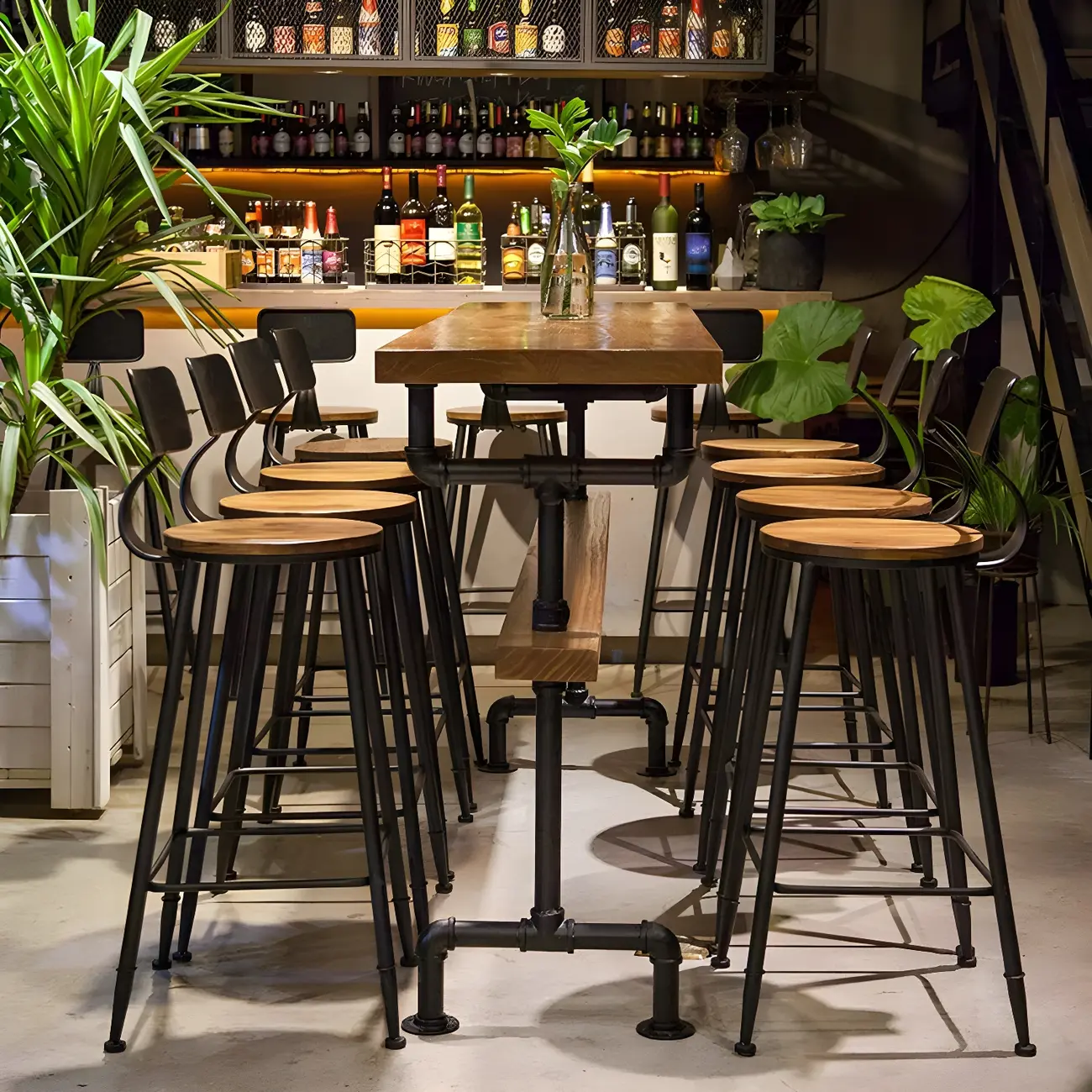 Rectangular Brown Pine Wood Bar Table with Footrest Image - 2 | homeyfad