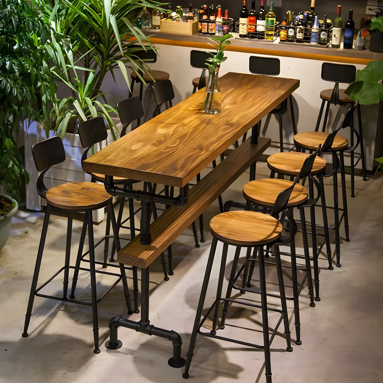 Rectangular Brown Pine Wood Bar Table with Footrest Image - 3 | homeyfad