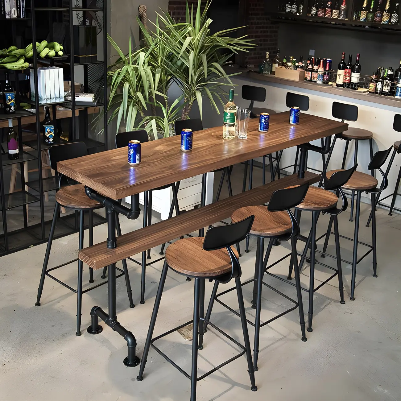 Rectangular Brown Pine Wood Bar Table with Footrest Image - 4 | homeyfad