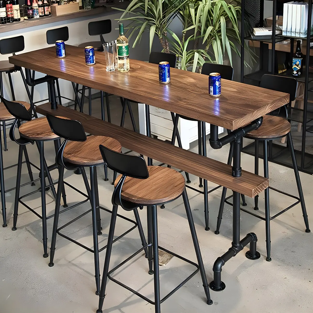 Rectangular Brown Pine Wood Bar Table with Footrest Image - 10 | homeyfad