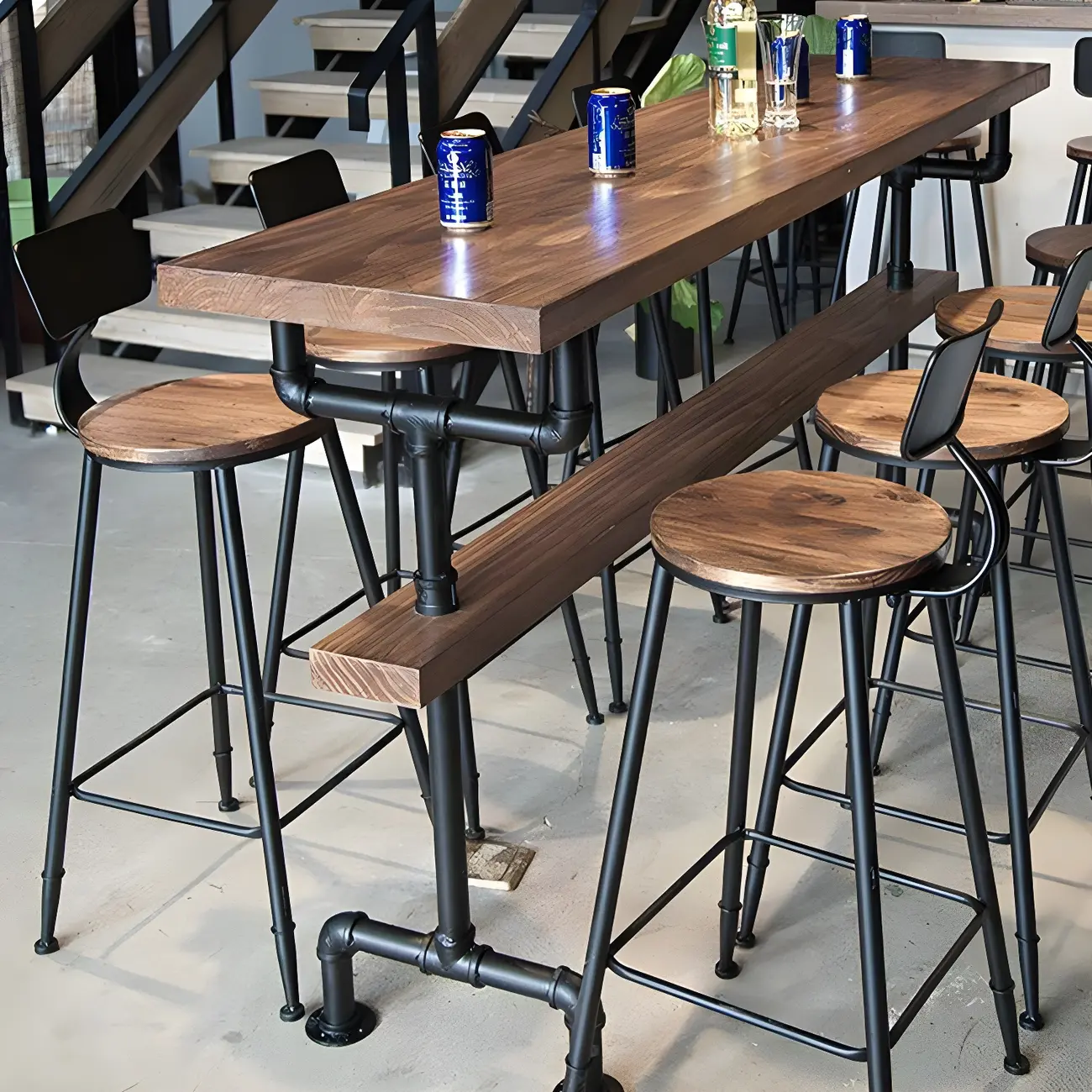 Rectangular Brown Pine Wood Bar Table with Footrest Image - 11 | homeyfad