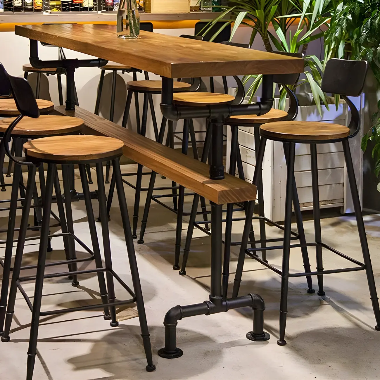 Rectangular Brown Pine Wood Bar Table with Footrest Image - 12 | homeyfad