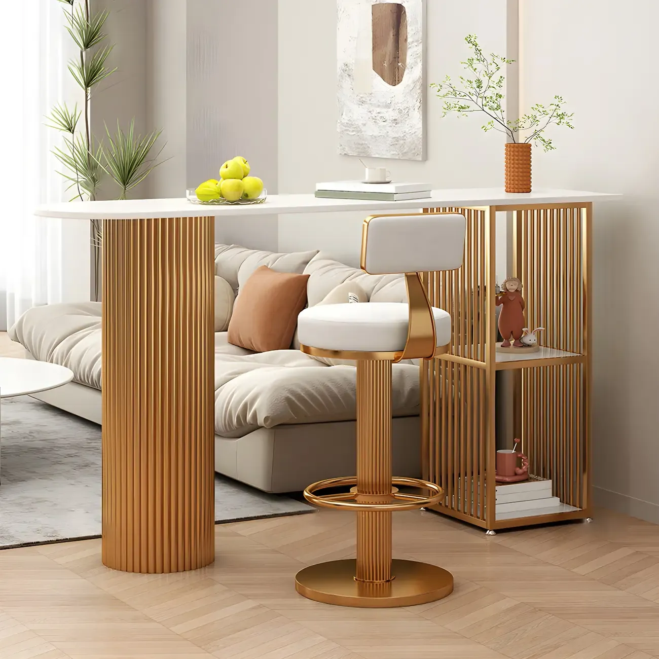 Scandinavian White Stone Top Striped Metal Storage Bar Tables Image - 3