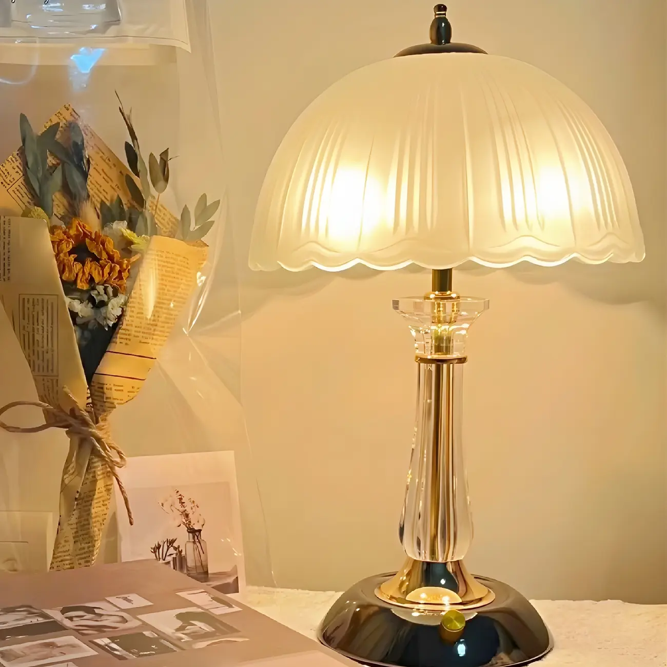 Elegant White Glass Metal Umbrella-Shaped Table Lamp Image - 1 | homeyfad