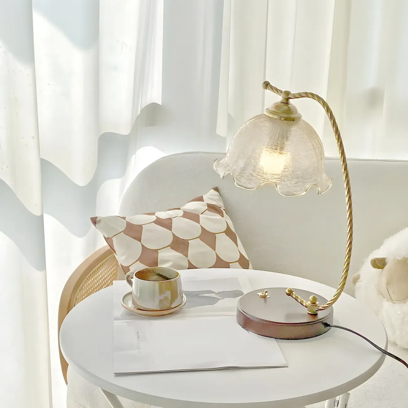 Exquisite Brown Glass Curved Arm Flower Shaped Table Lamp Image - 6