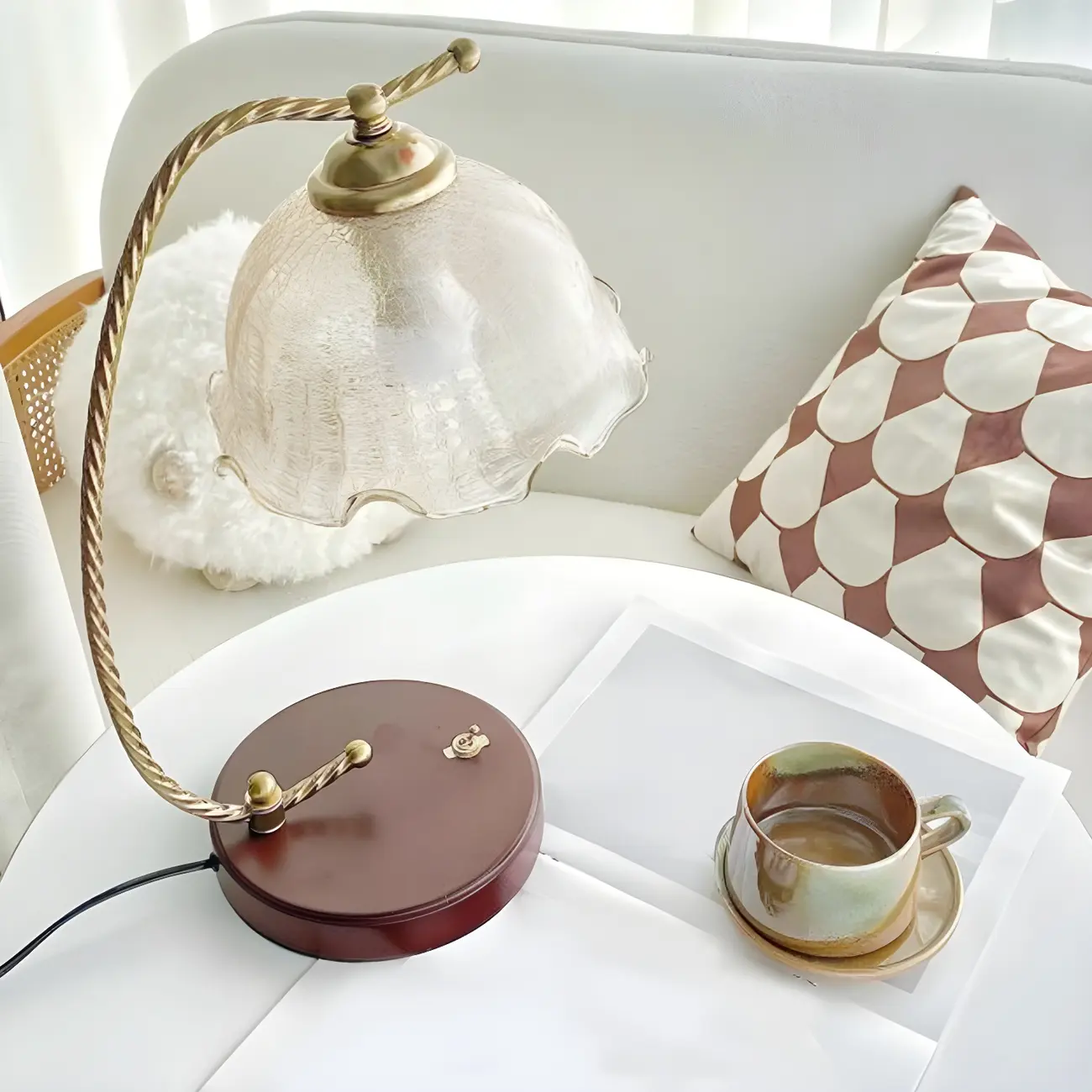 Exquisite Brown Glass Curved Arm Flower Shaped Table Lamp Image - 7 | homeyfad