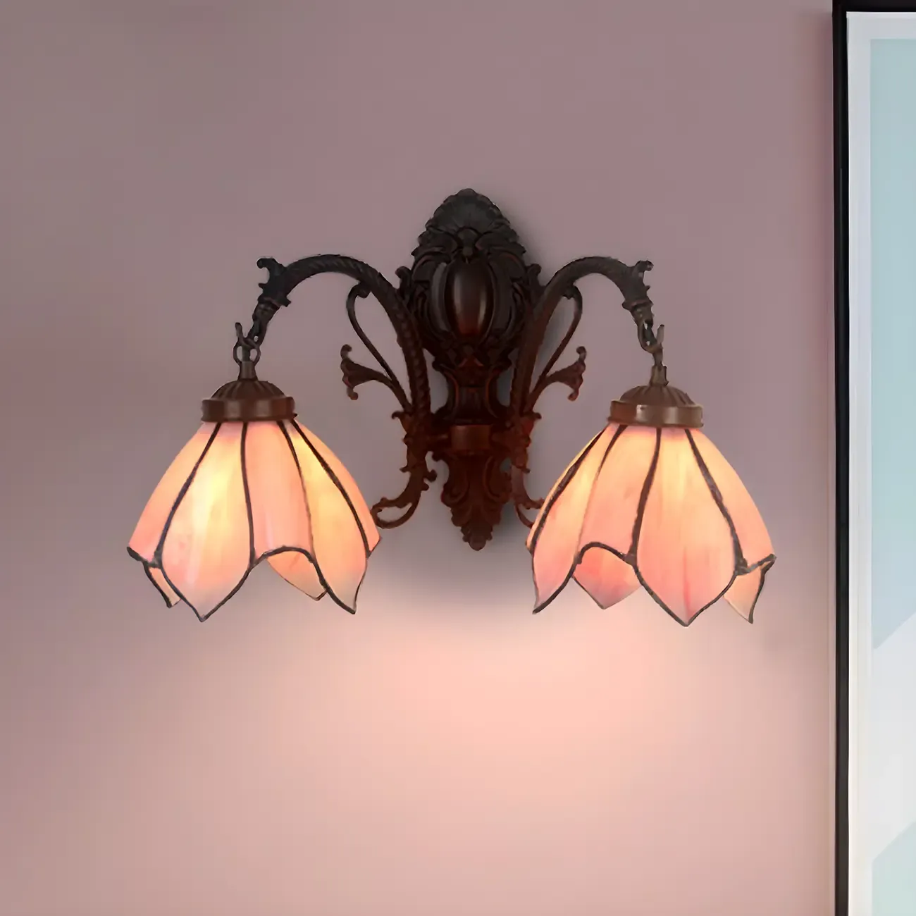 Victorian Floral Copper Wall Light Sconce with Glass Shade Image - 1
