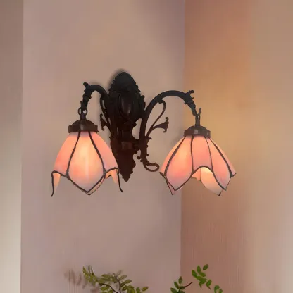 Victorian Floral Copper Wall Light Sconce with Glass Shade Image - 3