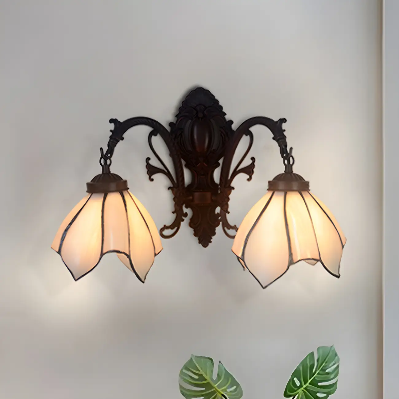 Victorian Floral Copper Wall Light Sconce with Glass Shade Image - 2 | homeyfad