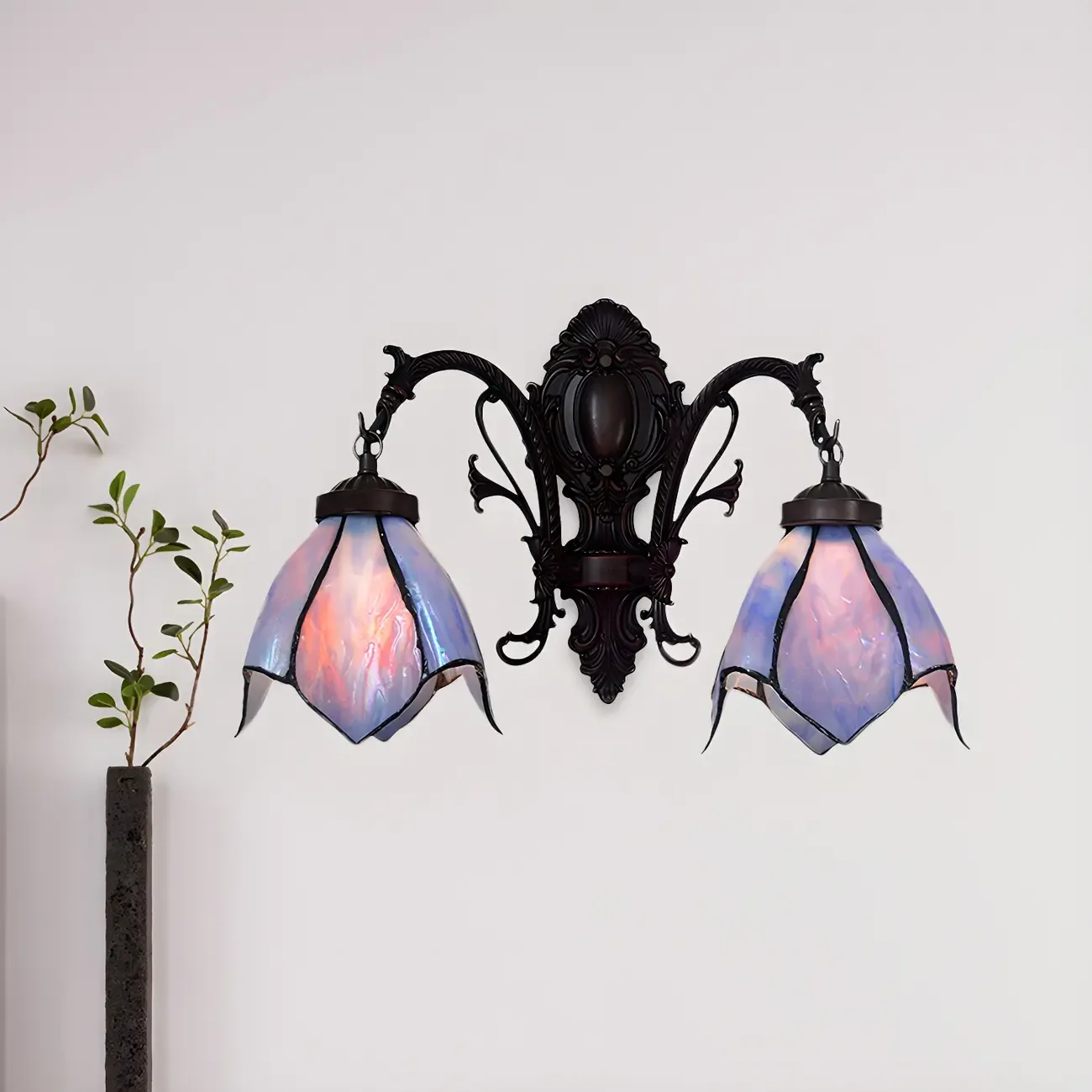 Victorian Floral Copper Wall Light Sconce with Glass Shade Image - 9
