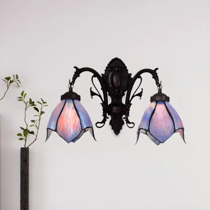 Victorian Floral Copper Wall Light Sconce with Glass Shade Image - 9