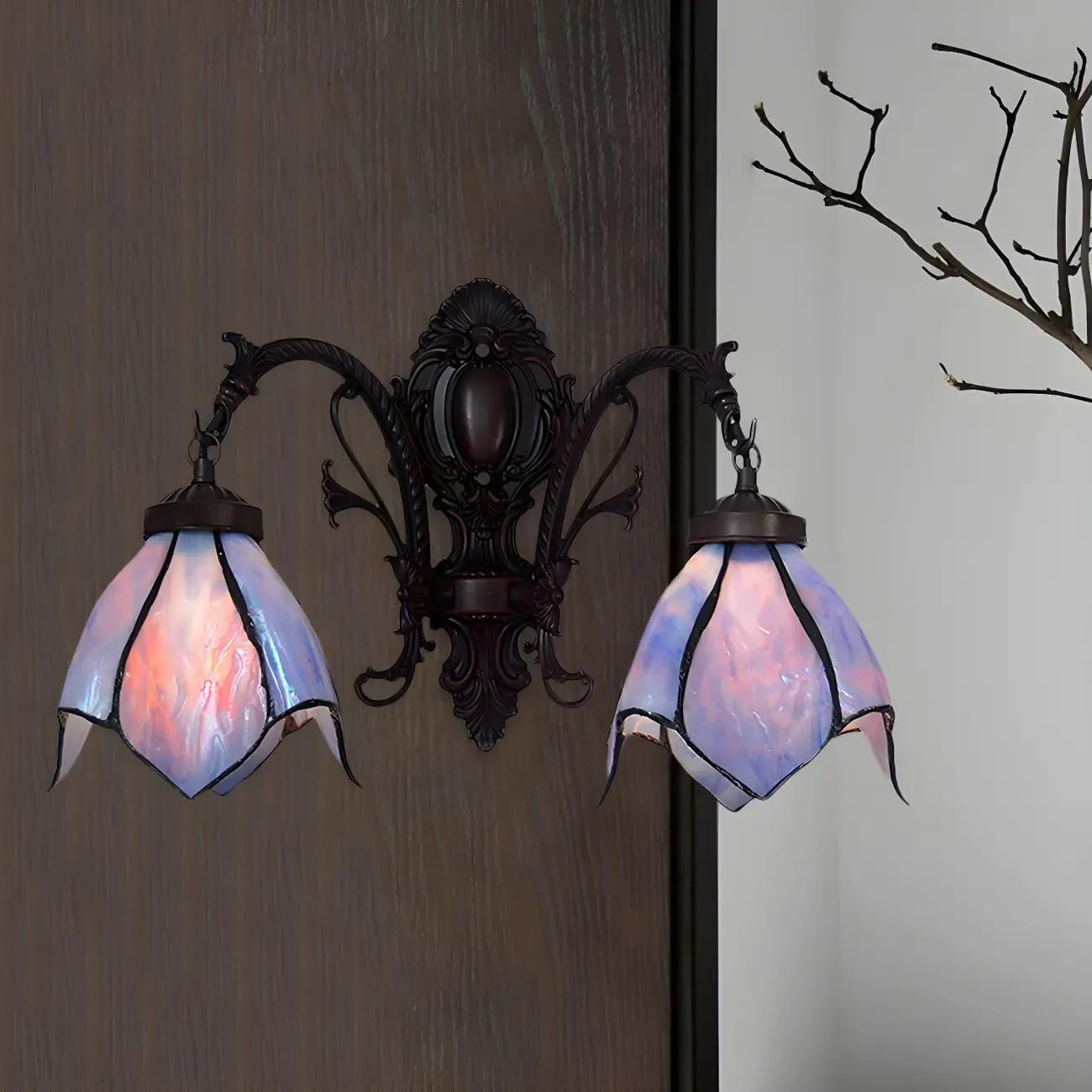 Victorian Floral Copper Wall Light Sconce with Glass Shade Image - 11