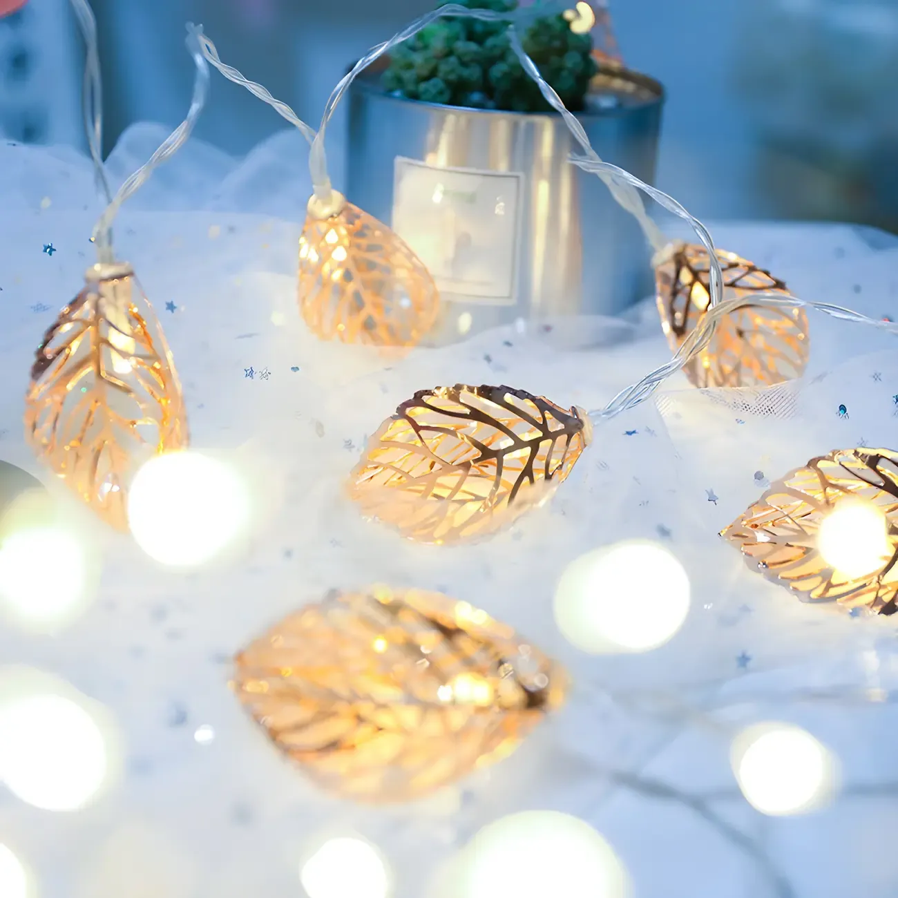 Exquisite Gold Hollow Leaf Fairy String Light Image - 1