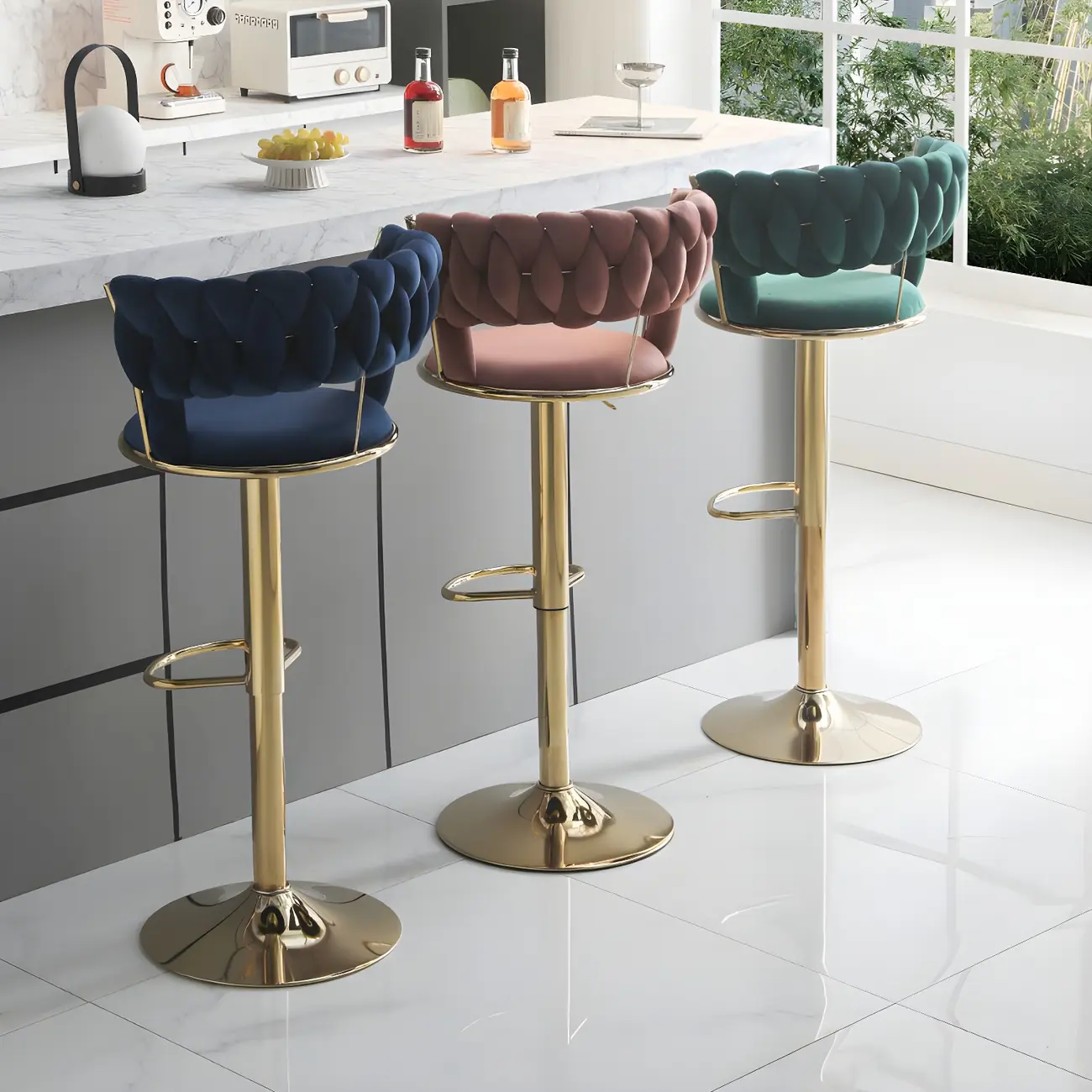 Luxurious Velvet Adjustable Bar Stools with Backrest for Home Bar Image - 2 | homeyfad