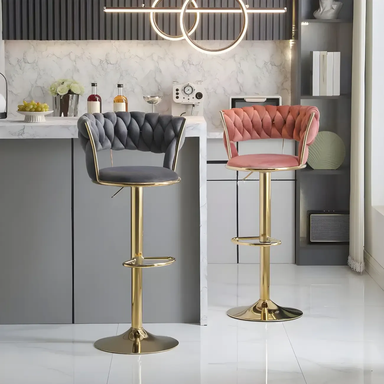 Luxurious Velvet Adjustable Bar Stools with Backrest for Home Bar Image - 8