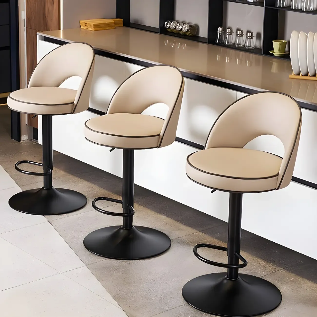 Minimalist Leather Adjustable Bar Stools with Upholstered Seat Image - 2