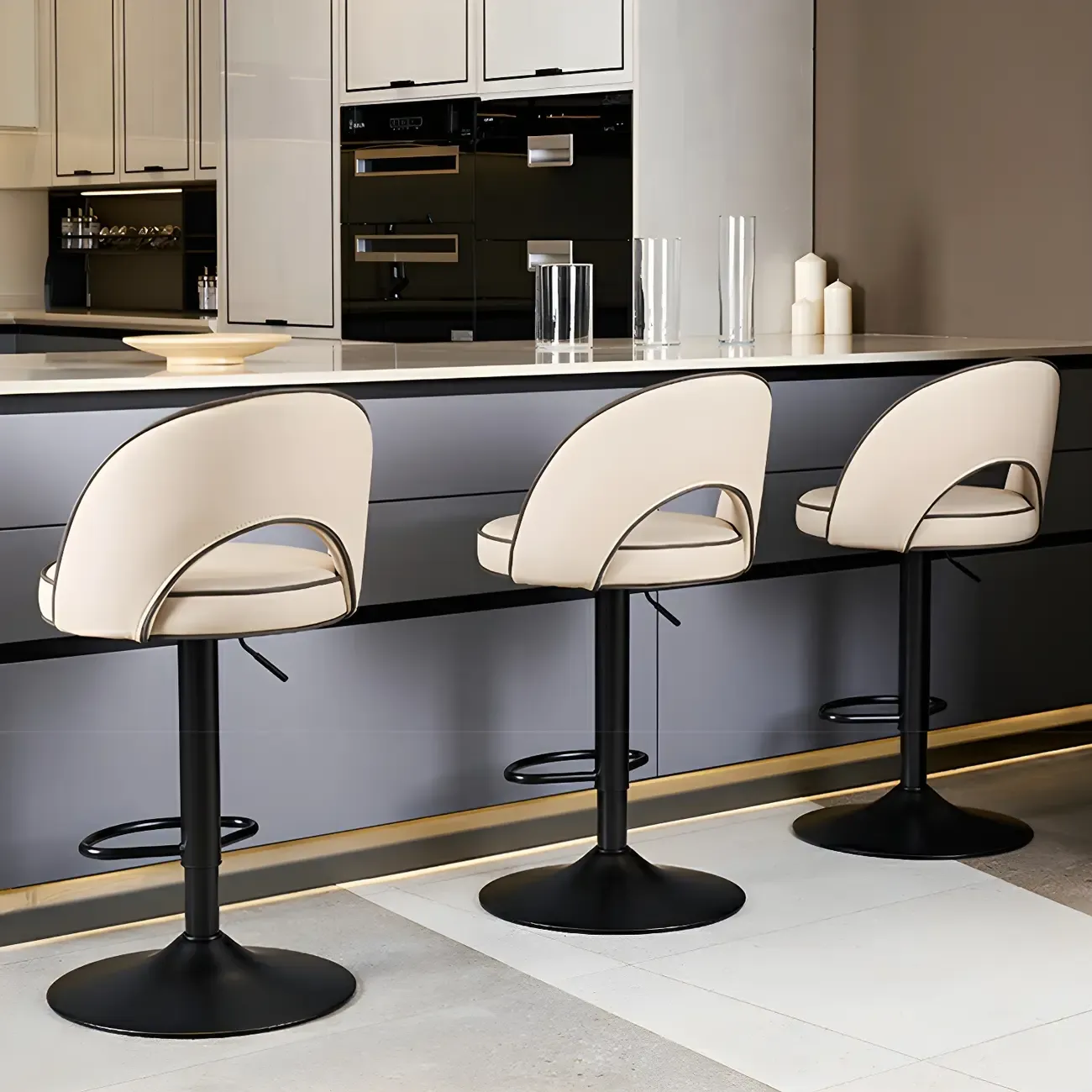 Minimalist Leather Adjustable Bar Stools with Upholstered Seat Image - 3