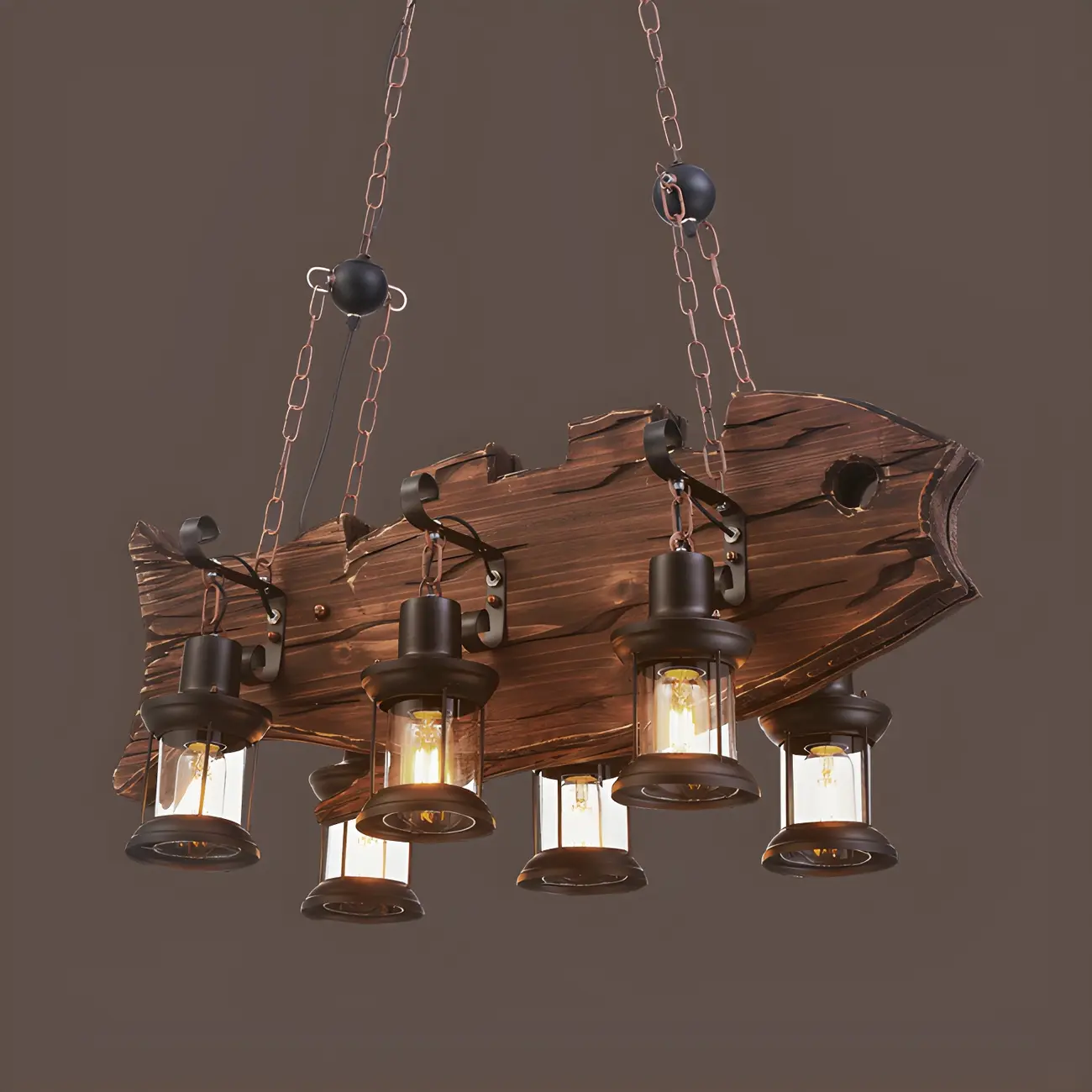4-Light Brown Wooden Fish Island Pendant Light Image - 1 | homeyfad