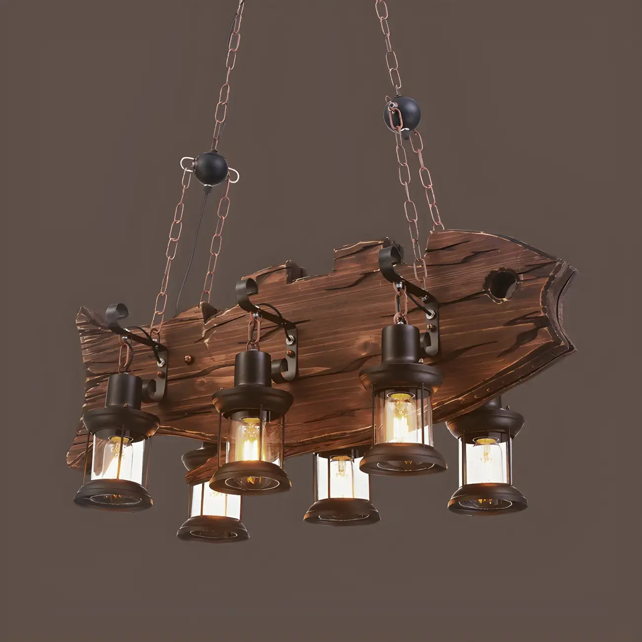4-Light Brown Wooden Fish Island Pendant Light Image - 1