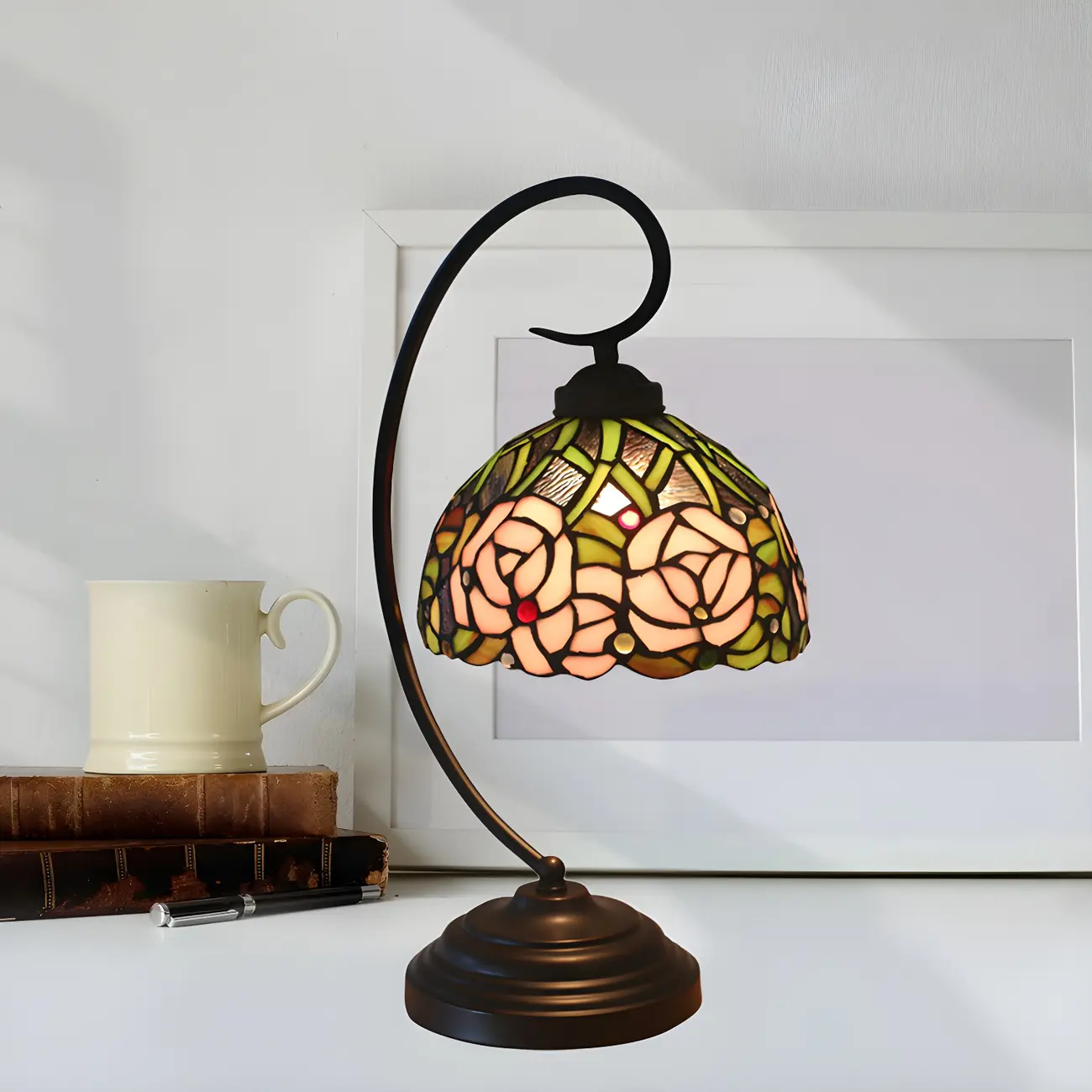 Desk Lamp Metal Stained Glass Rose Vintage Style Image - 2 | homeyfad