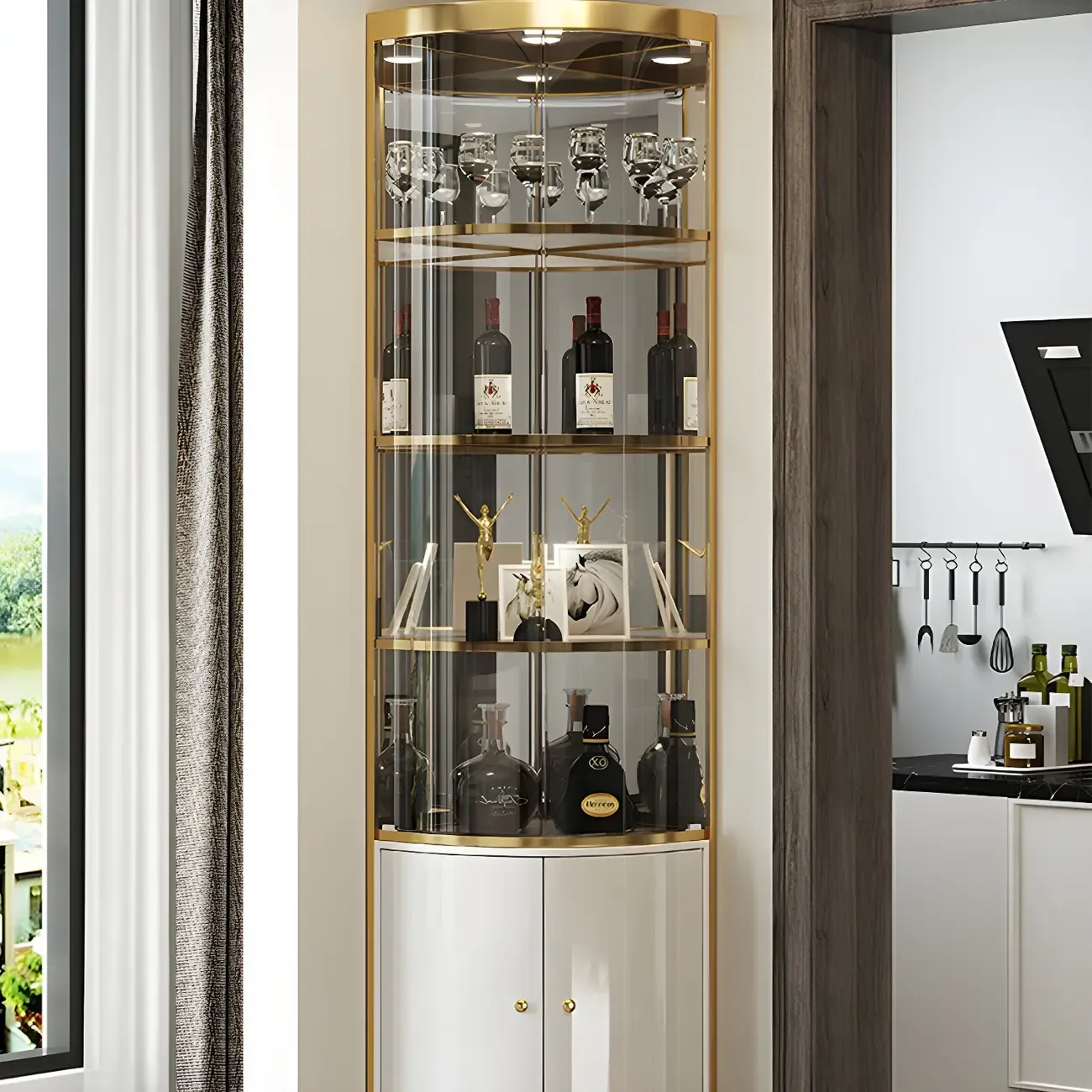 Glam Glossy Glass Gold Metal Rounded Display Corner Cabinet Image - 1