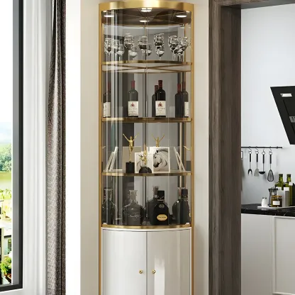 Glam Glossy Glass Gold Metal Rounded Display Corner Cabinet Image - 1