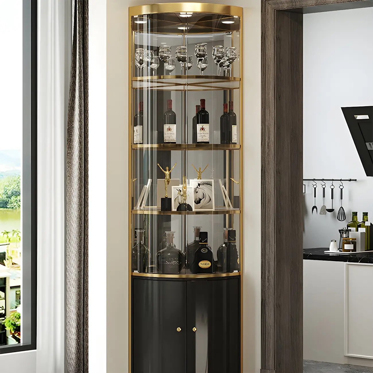 Glam Glossy Glass Gold Metal Rounded Display Corner Cabinet Image - 2 | homeyfad