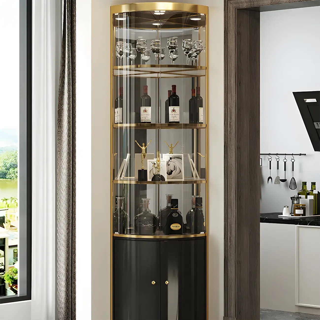 Glam Glossy Glass Gold Metal Rounded Display Corner Cabinet Image - 2
