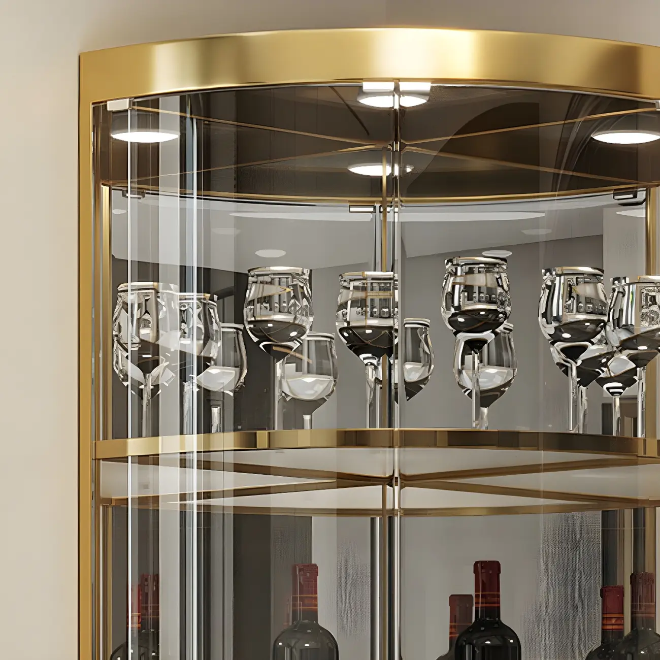 Glam Glossy Glass Gold Metal Rounded Display Corner Cabinet Image - 3 | homeyfad