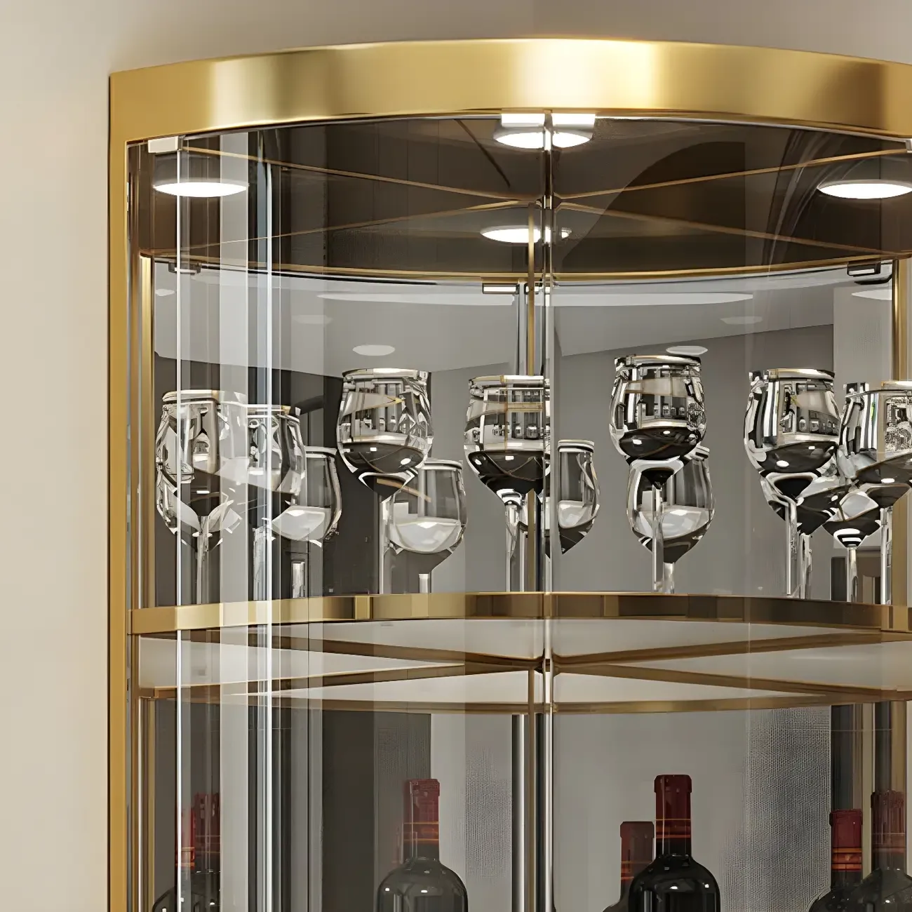 Glam Glossy Glass Gold Metal Rounded Display Corner Cabinet Image - 3