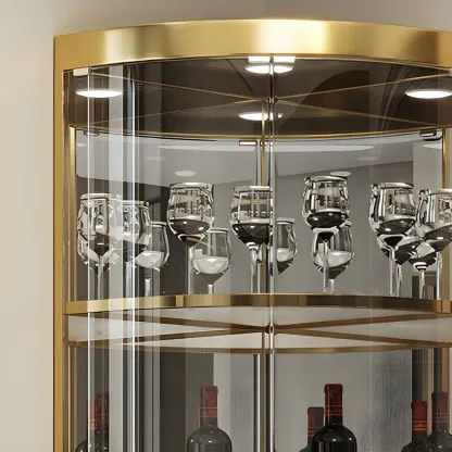 Glam Glossy Glass Gold Metal Rounded Display Corner Cabinet Image - 3