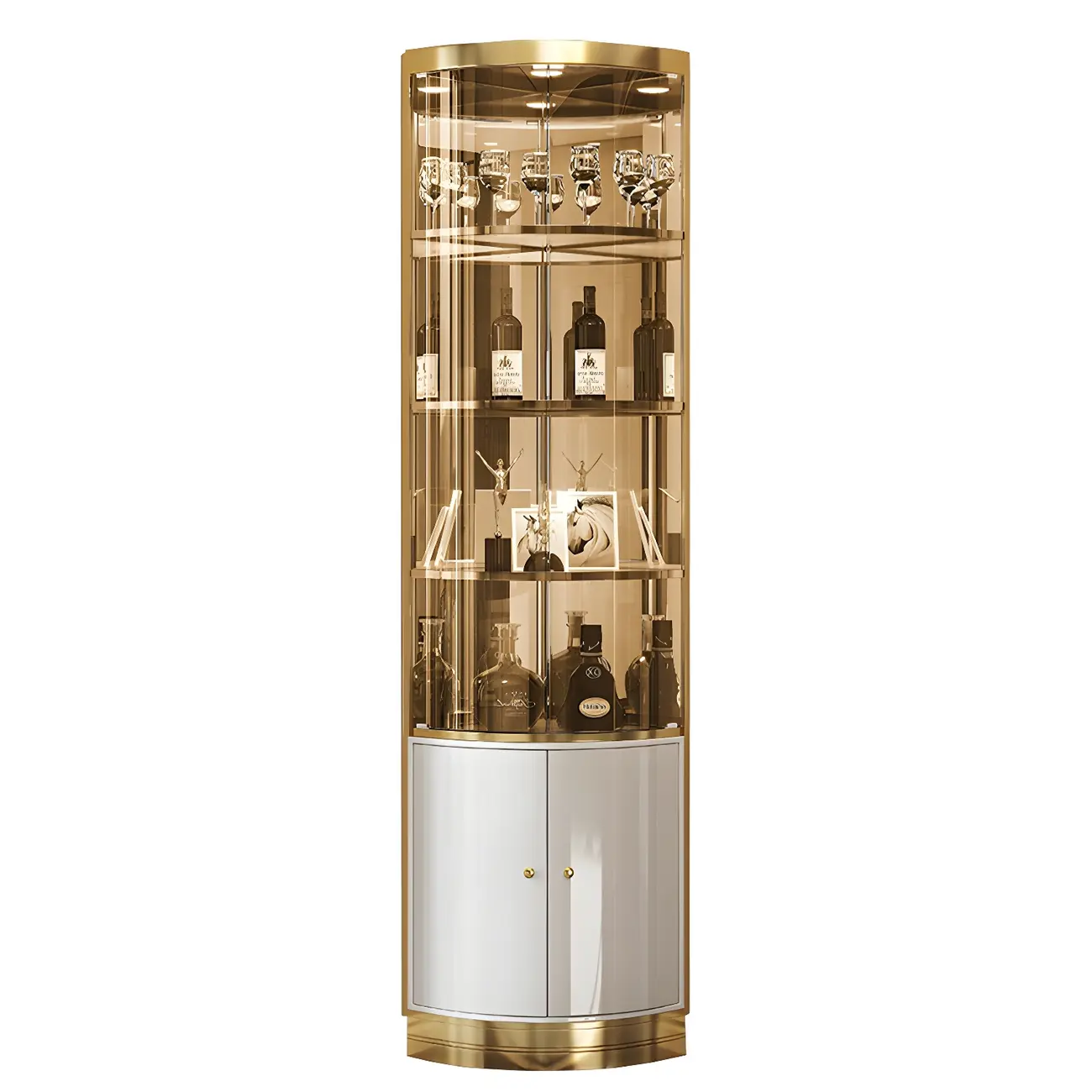 Glam Glossy Glass Gold Metal Rounded Display Corner Cabinet Image - 8 | homeyfad