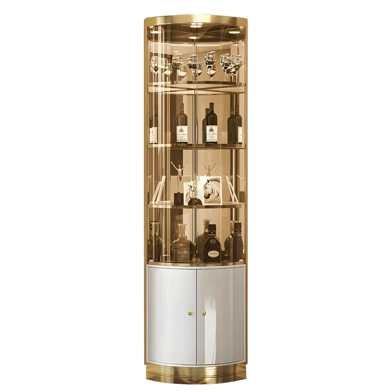 Glam Glossy Glass Gold Metal Rounded Display Corner Cabinet Image - 8
