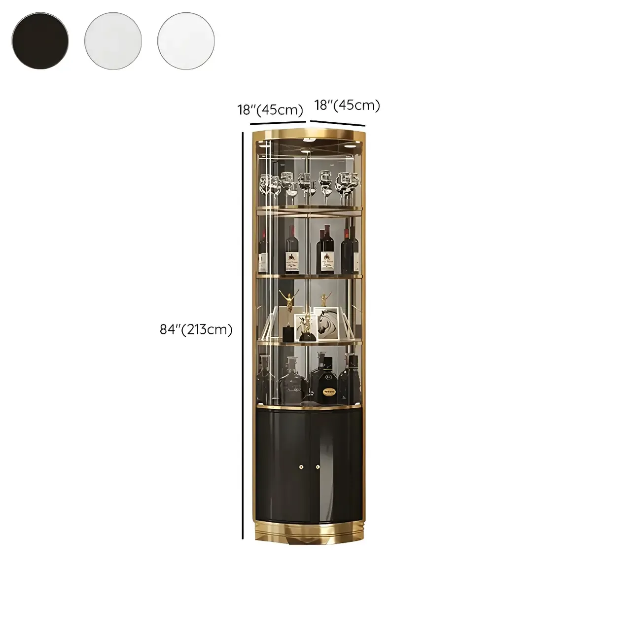 Glam Glossy Glass Gold Metal Rounded Display Corner Cabinet #size